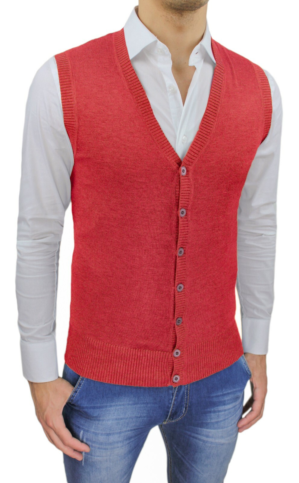 Cardigan smanicato uomo casual Rosso maglioncino gilet Slim Fit in cotone
